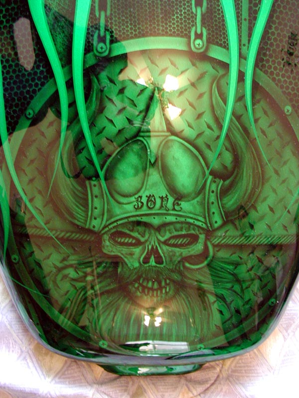 motorcycle green face in flames design