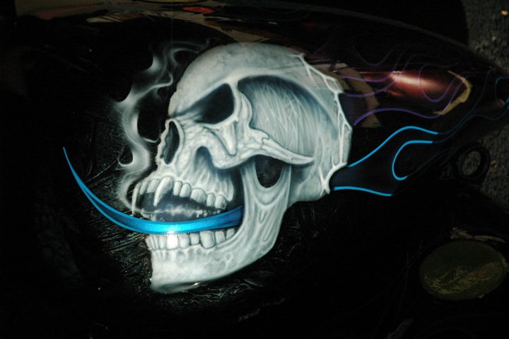 custom airbrush paint blue flames and skulls motorcycle design