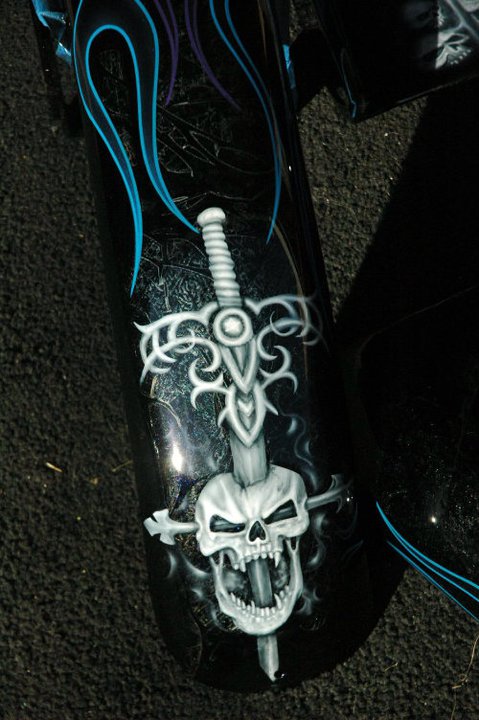 custom airbrush paint blue flames and skulls motorcycle design